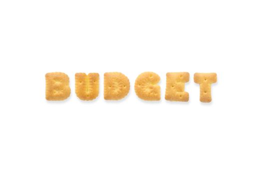 Collage of the character word BUDGET. Alphabet cookie cracker isolated on white background