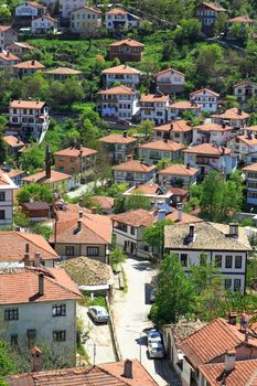 Top view of old roads of Mudurnu village with historical white wooden houses.