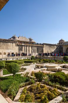 Jaipur, India - December 29, 2014: Tourist visit Sukh Niwas the Third Courtyard in Amber Fort near Jaipur, Rajasthan, India on December 29, 2014. The third courtyard is where the private quarters of the Maharaja, his family and attendants were built.