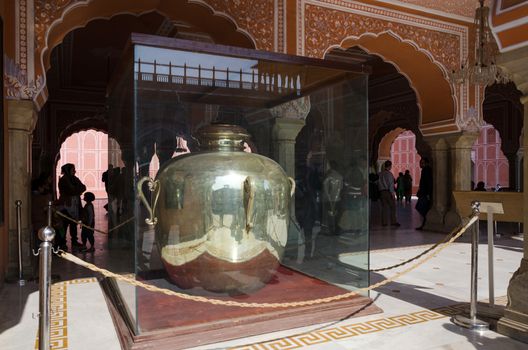 Jaipur, India - December 29, 2014: Gangajelies (Ganges-water urns) huge sterling silver vessels in Diwan-I-Khas City palace of Jaipur. They are officially recorded by the Guinness Book of World Records as the world's largest sterling silver vessels.