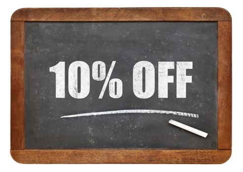 ten percent off blackboard sign - text on an isolated  vintage slate blackboard