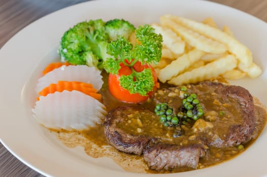 close up beef steak with green peppercorn sauce