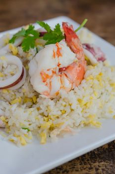 close up Fried rice with shrimp and squid