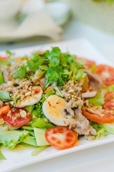 spicy salad with egg , pork and fresh vegetable