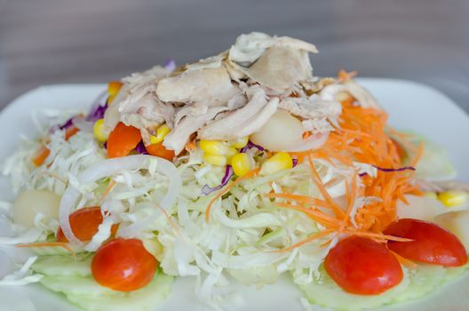 close up chicken and fresh vegetable salad with creamy sauce