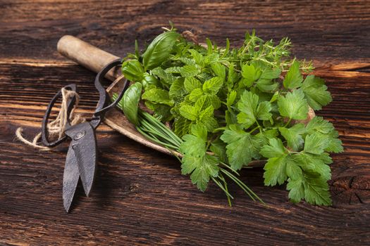 Various aromatic culinary herbs. Thyme, marjoram, basil, mint, chives and parsley on wooden spoon, with old scissors on old brown wooden background. Rustic, vintage, natural, country style images.