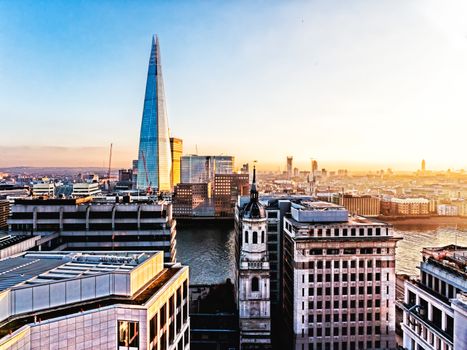 Aerial the new London skyline with The Shard, Thames River and the skyscrapers of the City. City of London one of the leading centres of global finance.