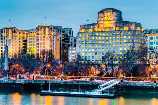 Buildings in the Victoria Embankment and Cleopatra's Needle, By the River in London