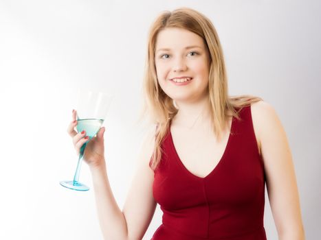Sexy Blond in Red Dress and Drinking Glass of Wine Isolated on White Background