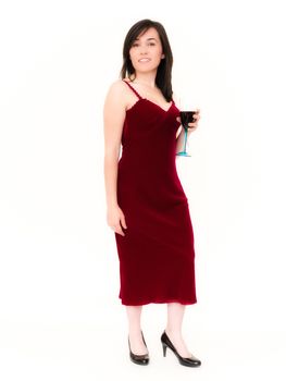 Beautiful Woman in a Red Dress Holding a Red Wine