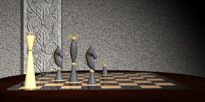 Strategic chess move concept. Checkmate with two knights and a Queen on a checkerboard made of glass.