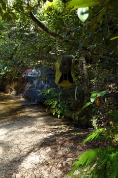 An Australia cap and a backbag hanging from a tree branch on a padded clothes hanger near a waterfall