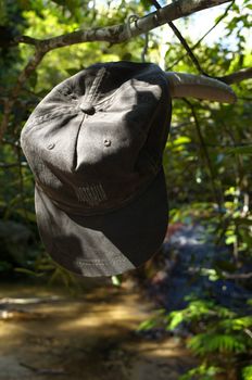 An Australia cap hanging from a tree branch on a padded clothes hanger near a waterfall