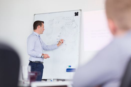 Businessman writing on whiteboard during his presentation on in-house business training, explaining business plans to his employees.