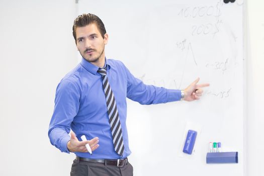 Business man making a presentation in front of whiteboard. Business executive delivering a presentation to his colleagues during meeting or in-house business training, explaining business plans.