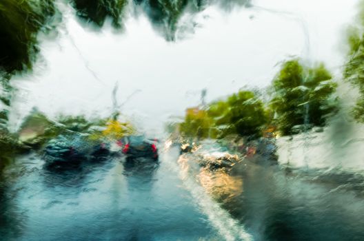 Traffic in heavy rain storm in Katoomba, Blue Mountains, Australia