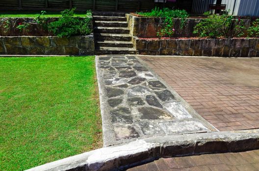 A neat suburban backyard with lawn and plantings in Sydney, Australia