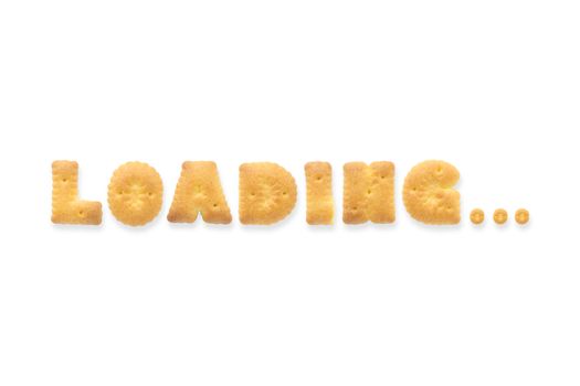 Collage of the uppercase letter-word LOADING. Alphabet cookie crackers isolated on white background