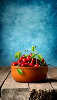 Cherries in brown plate on a blue background