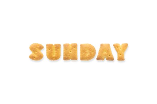Collage of the capital  letter word SUNDAY . Alphabet cookie biscuits isolated on white background