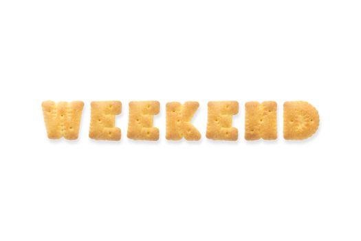 Collage of the capital  letter word WEEKEND. Alphabet cookie biscuits isolated on white background