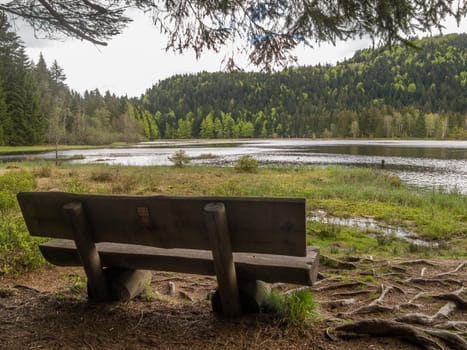 Wooden bench by a small lake in the hills in France
