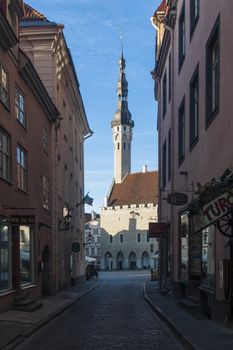 narrow street to middle ages city hall of Tallinn, Estonia