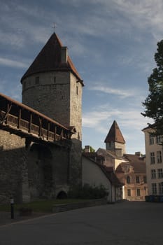 middle ages tower with town wall