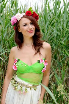 Portrait of female model with chestnut hairs, wearing wreath made of mixed flowers. Woman posing near lake surrounded by reeds.  