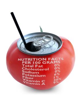 Fresh tomato juice can over a white background with nutritional data