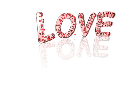 Word LOVE made from many hearts symbols.