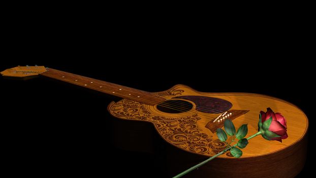 Acoustic classical guitar with red rose on black background