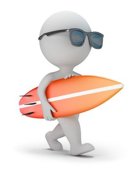 3d small person in sunglasses walking with surfboard. 3d image. White background.