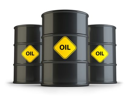 Three oil barrels. 3d image. Isolated white background.