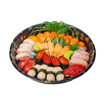 take away selection of fresh sushi express on plastic tray 