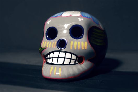 Photograph of a ceramic skull with flowers, representing deads day mexican celebration