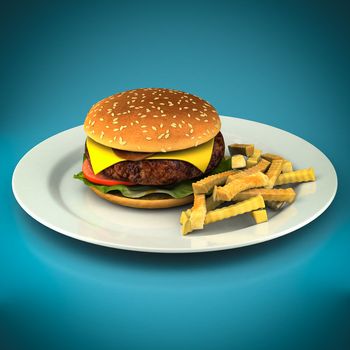 Hamburger and fries on a blue background