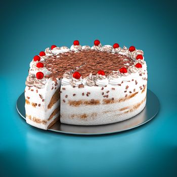 Cake with chocolate chips on a blue background