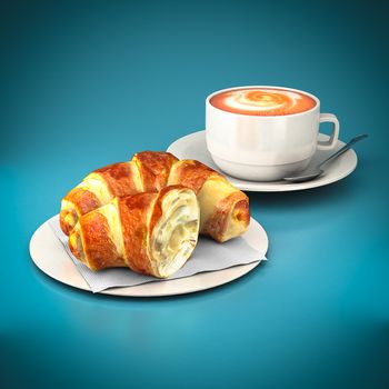 Croissants and coffee cup on a blue background