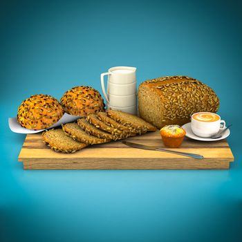 Bread and buns with sesame seeds on a blue background
