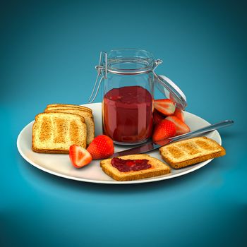 Toast with strawberry jam on a blue background