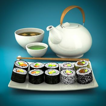 Sushi, green tea and soup on a beautiful blue background