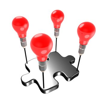 Metaphor about creativity carrying a member of a team (jigsaw). The light bulbs and pencil refer to ideas and creativity.