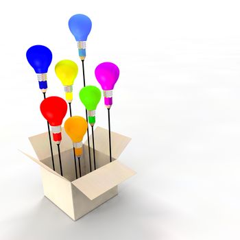 Several ideas emerging from an idea box. Metaphor concept. The coloured light bulbs and pencil refer to ideas and creativity. Light bulbs are flying like balloons. A copy space is available.