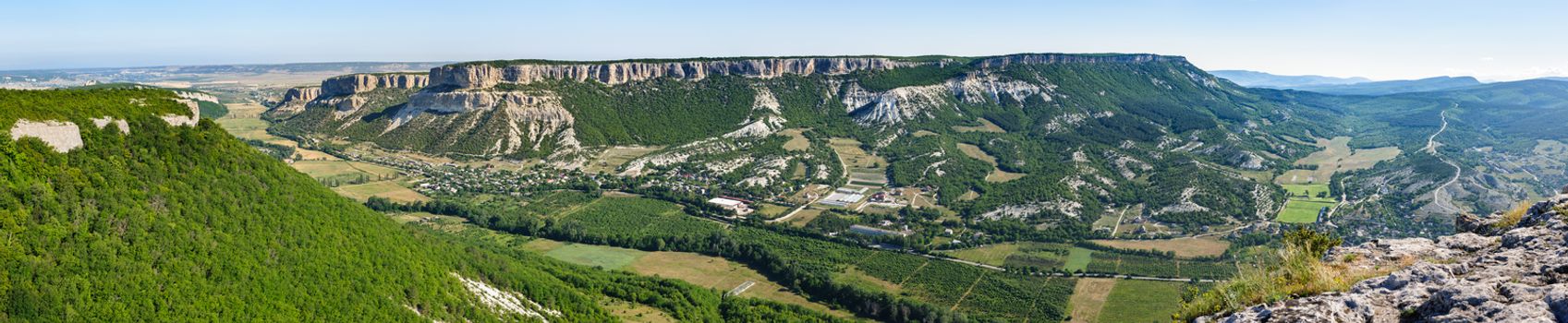 Panoramic very high resolution view from Burun Kaya cliff to Belbek Canyon Valley, Crimea, Ukraine or Russia