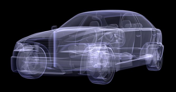 X-ray of car on isolated black background, side view