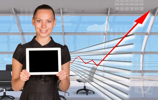 Businesslady holding tablet in business center and blue sky with clouds background, interior view