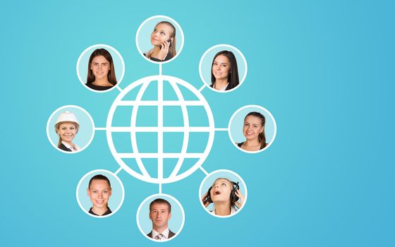 Virtual model with people portraits on blue background