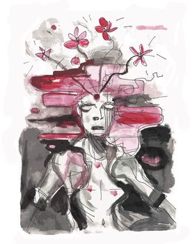 Hand drawn vector illustration or drawing of a wounded man with gun shots and flowers