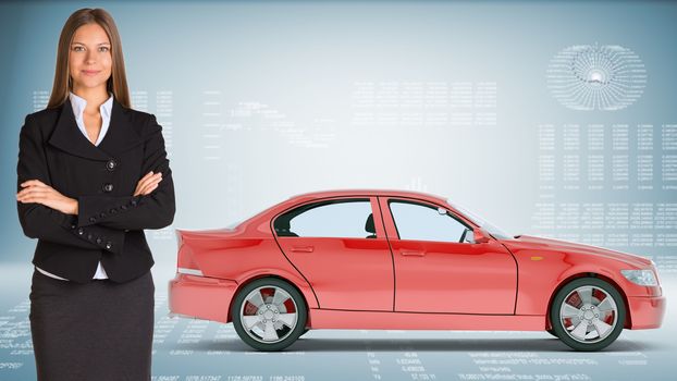 Businesslady with red car looking at camera with crossed arms on abstract blue background